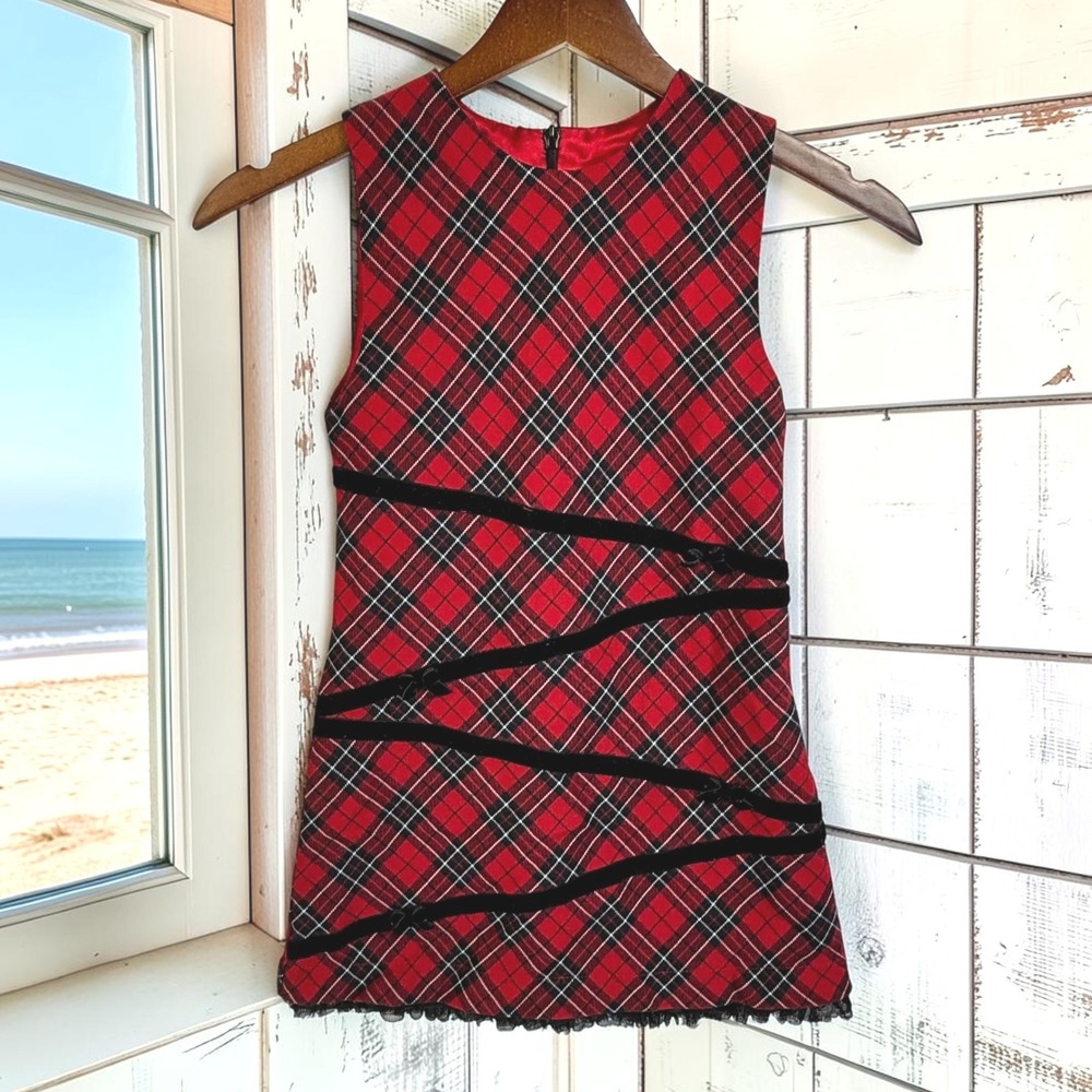 Red Plaid Dress The Childrens Place 5 Velvet Trim Tulle Hem Sleeveless A-Line